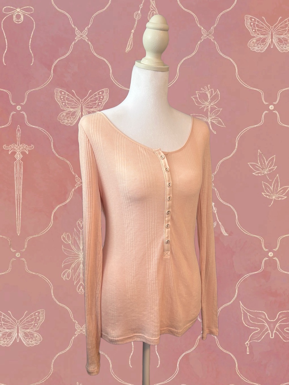 Peach Ribbed Henley Top - Picture 3 of 3